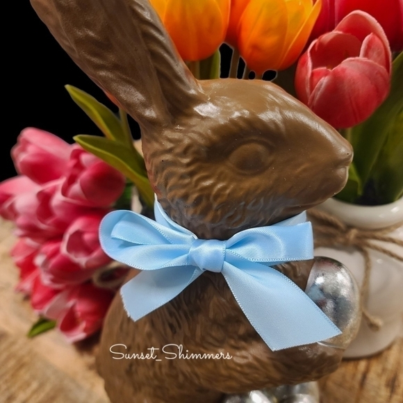 LARGE 13.5” Faux Chocolate Easter Bunny w/ Foil Eggs Figure Tabletop Decor New - Picture 2 of 3